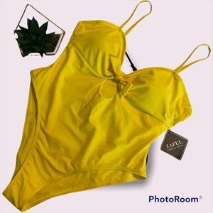 Zaful Yellow One Piece Push Up High Cut Spaghetti Strap Bathing Suit Size 10